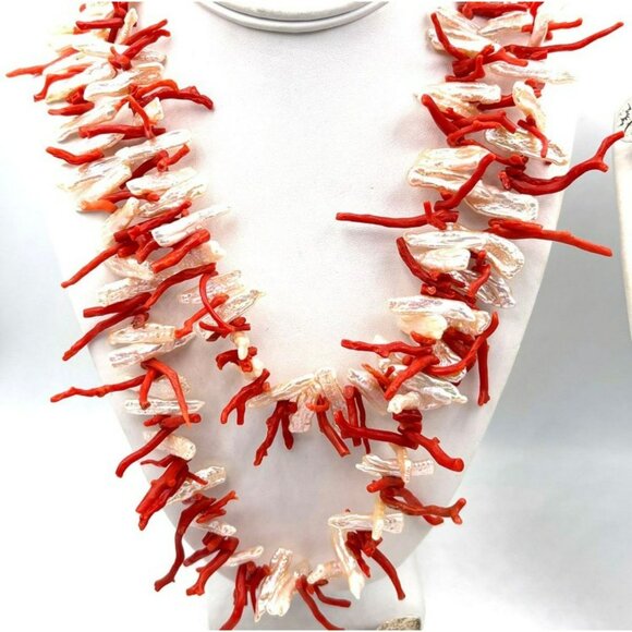 Orange Branch Coral Freshwater Pearl Necklace Double Strand Sterling Silver 32" - Picture 8 of 10